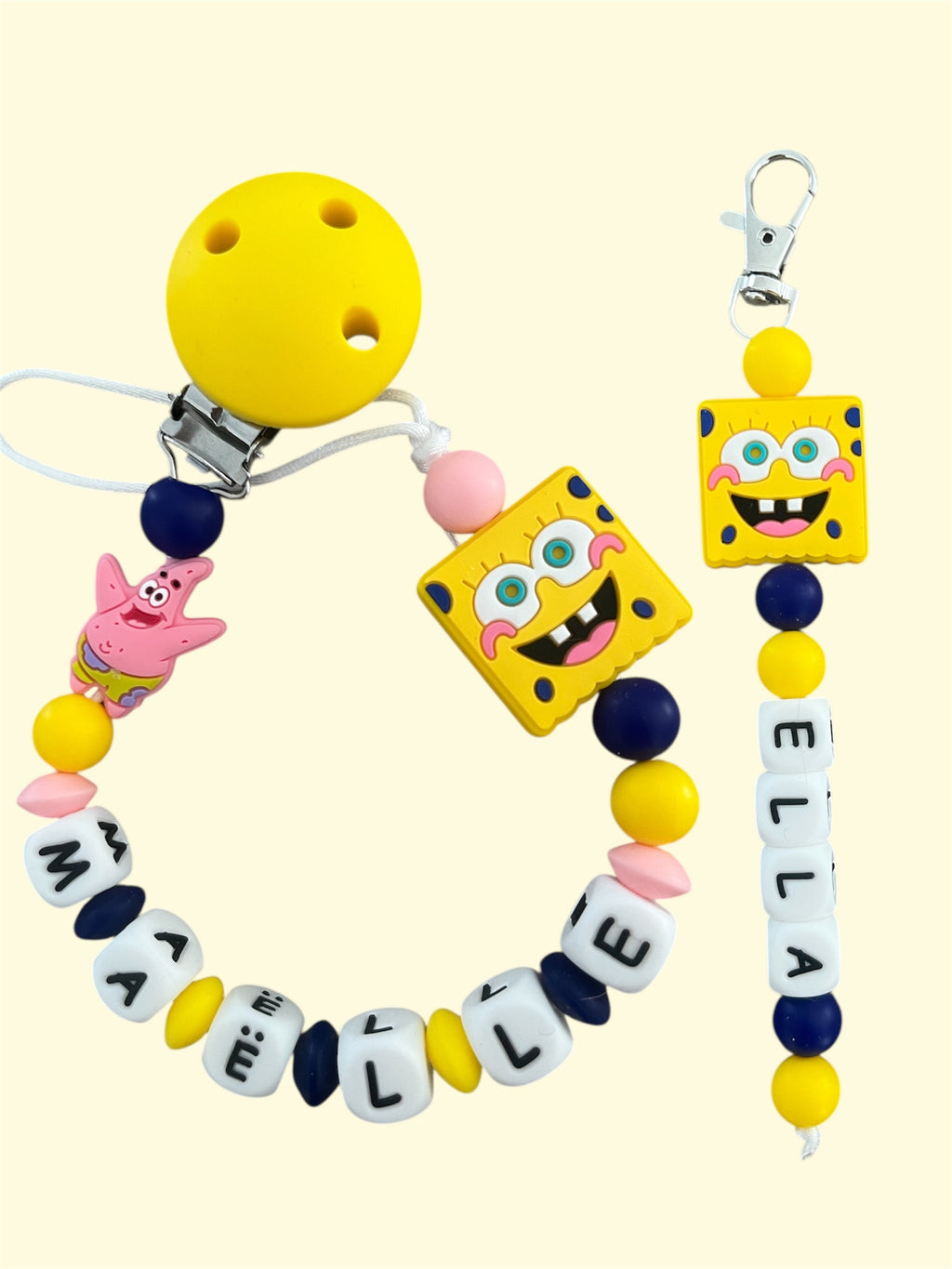 Coffret DUO cadeaux Bob L’éponge - Attache tétine et Porte-clés personnalisés