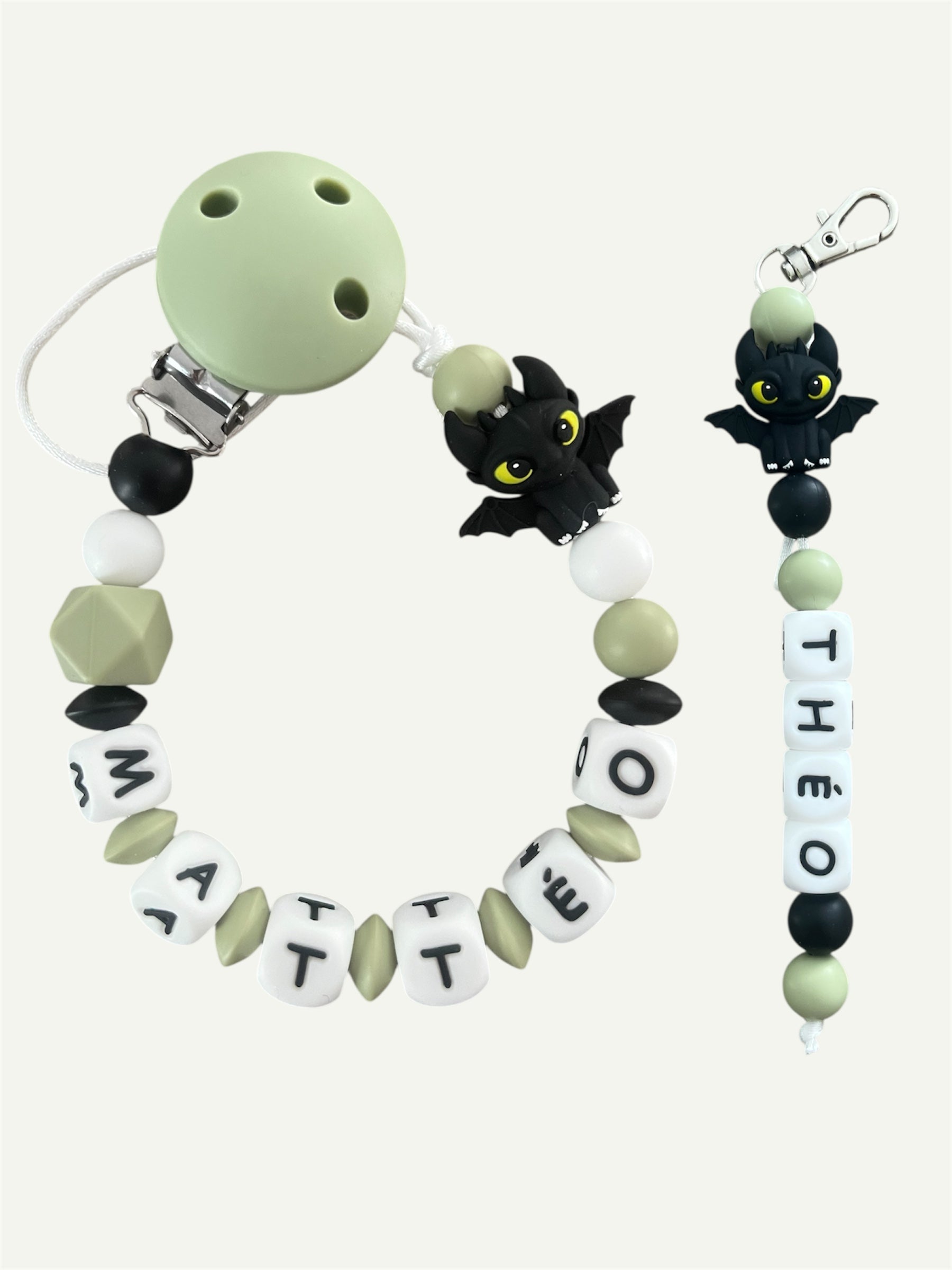 Coffret DUO cadeaux Dragon Krokmou - Attache tétine et Porte-clés personnalisés KidCreationArtisanat