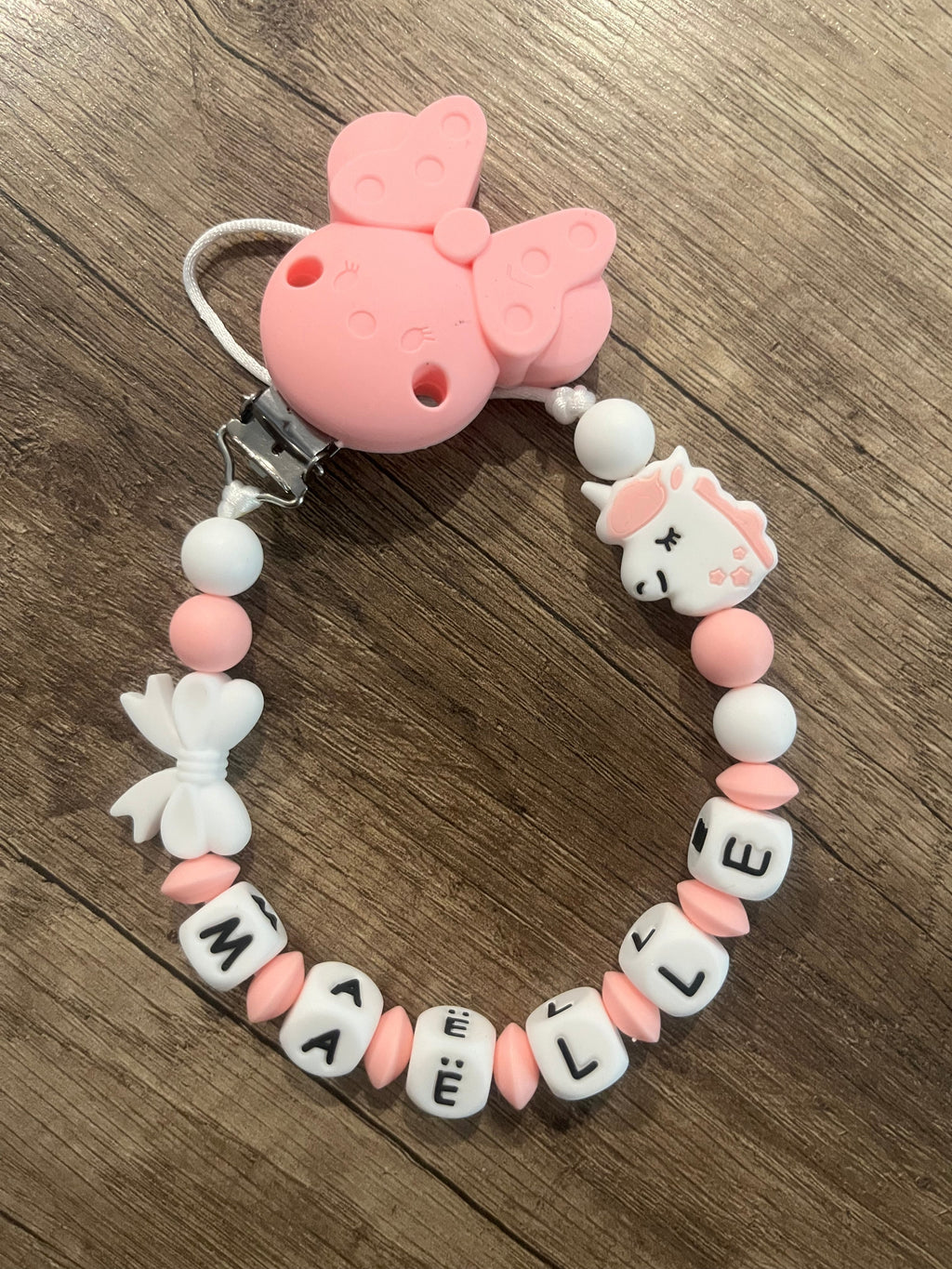 Attache tétine Licorne rose personnalisée KidCreationArtisanat