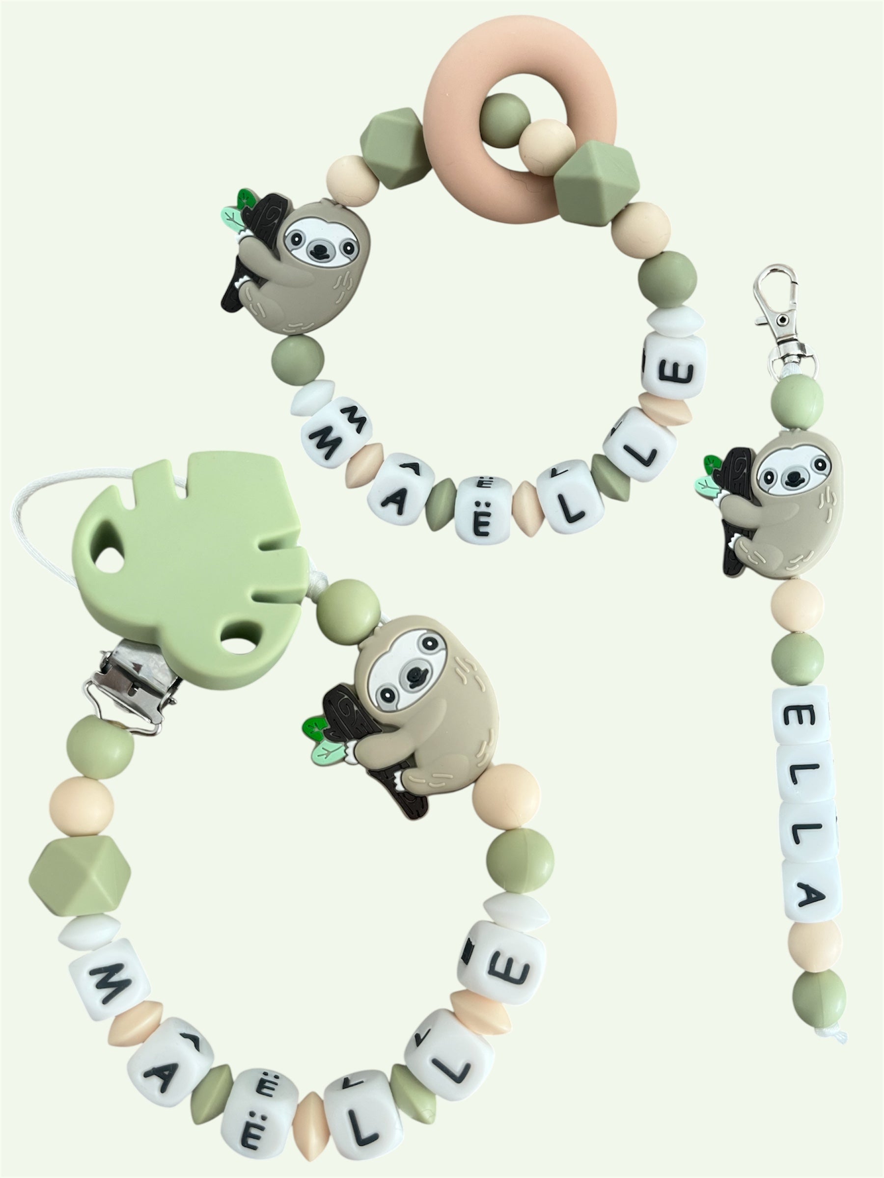 Coffret TRIO cadeaux Paresseux - Attache tétine, Porte-clés et anneau de dentition personnalisés KidCreationArtisanat