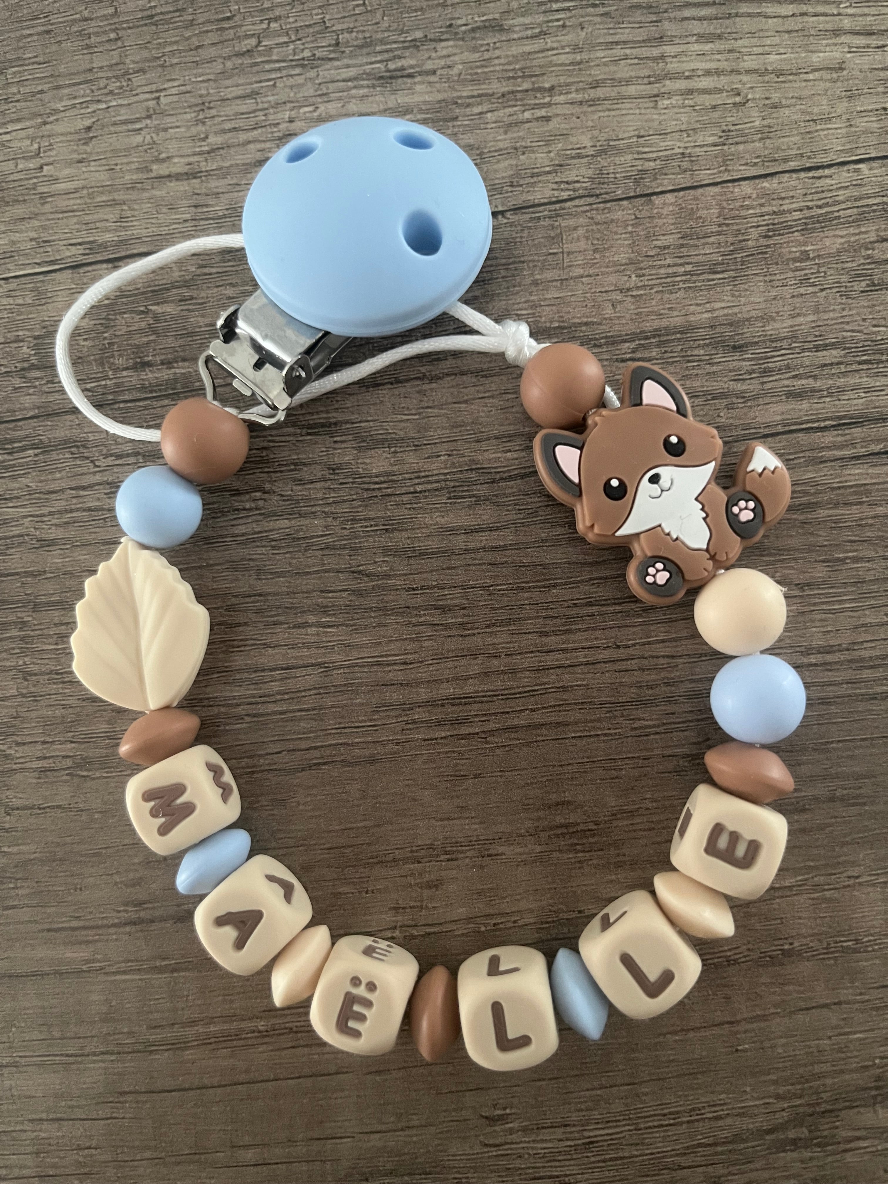 Attache tétine Renard lettres beige personnalisée