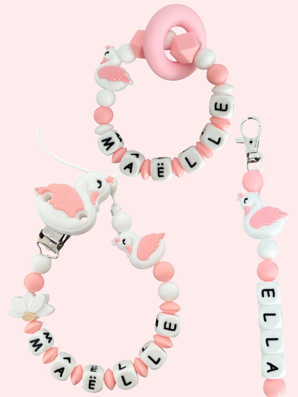 Coffret TRIO cadeaux Cygne - Attache tétine, Porte-clés et anneau de dentition personnalisés