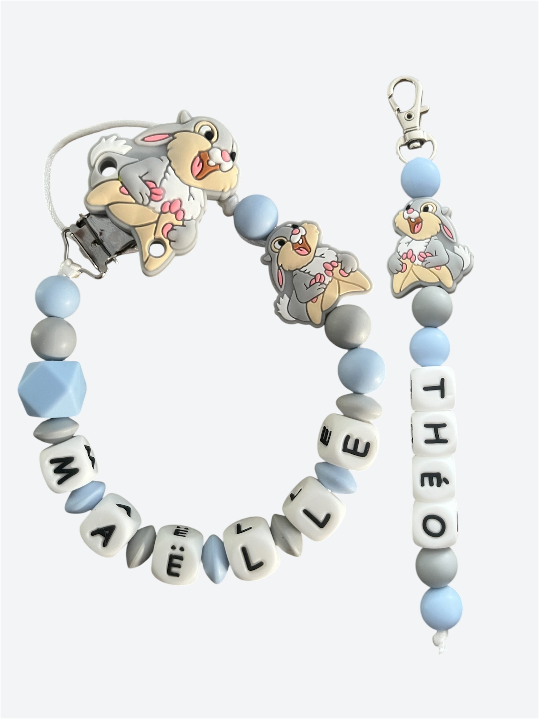 Coffret DUO Lapin Pan Pan Bébé - Attache tétine et Porte-clés personnalisés KidCreationArtisanat