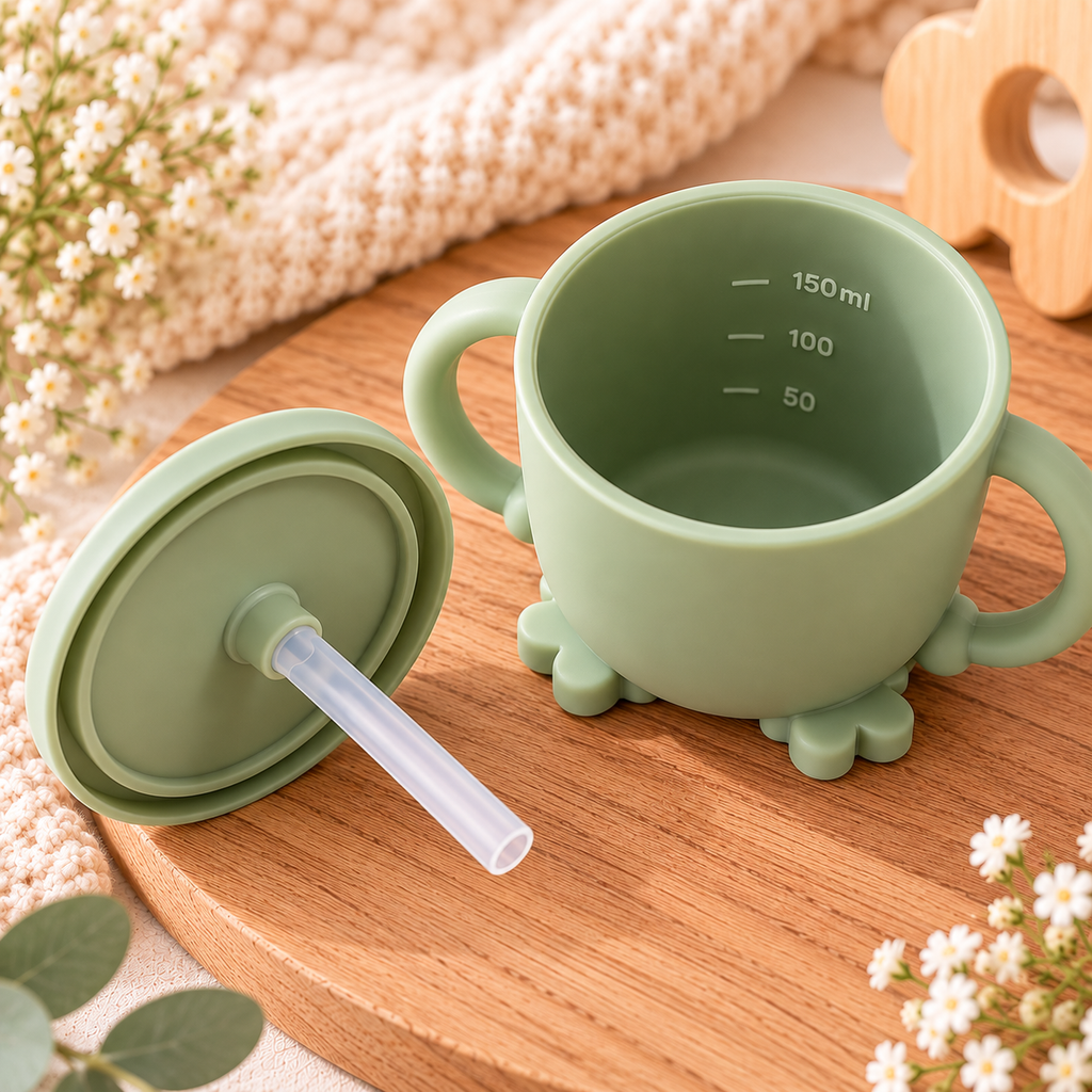 Tasse d'apprentissage bébé à paille anti-fuite en silicone – Vert sauge