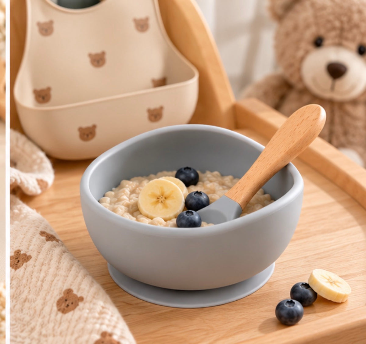 Bol bébé en silicone avec cuillère en bois – Gris