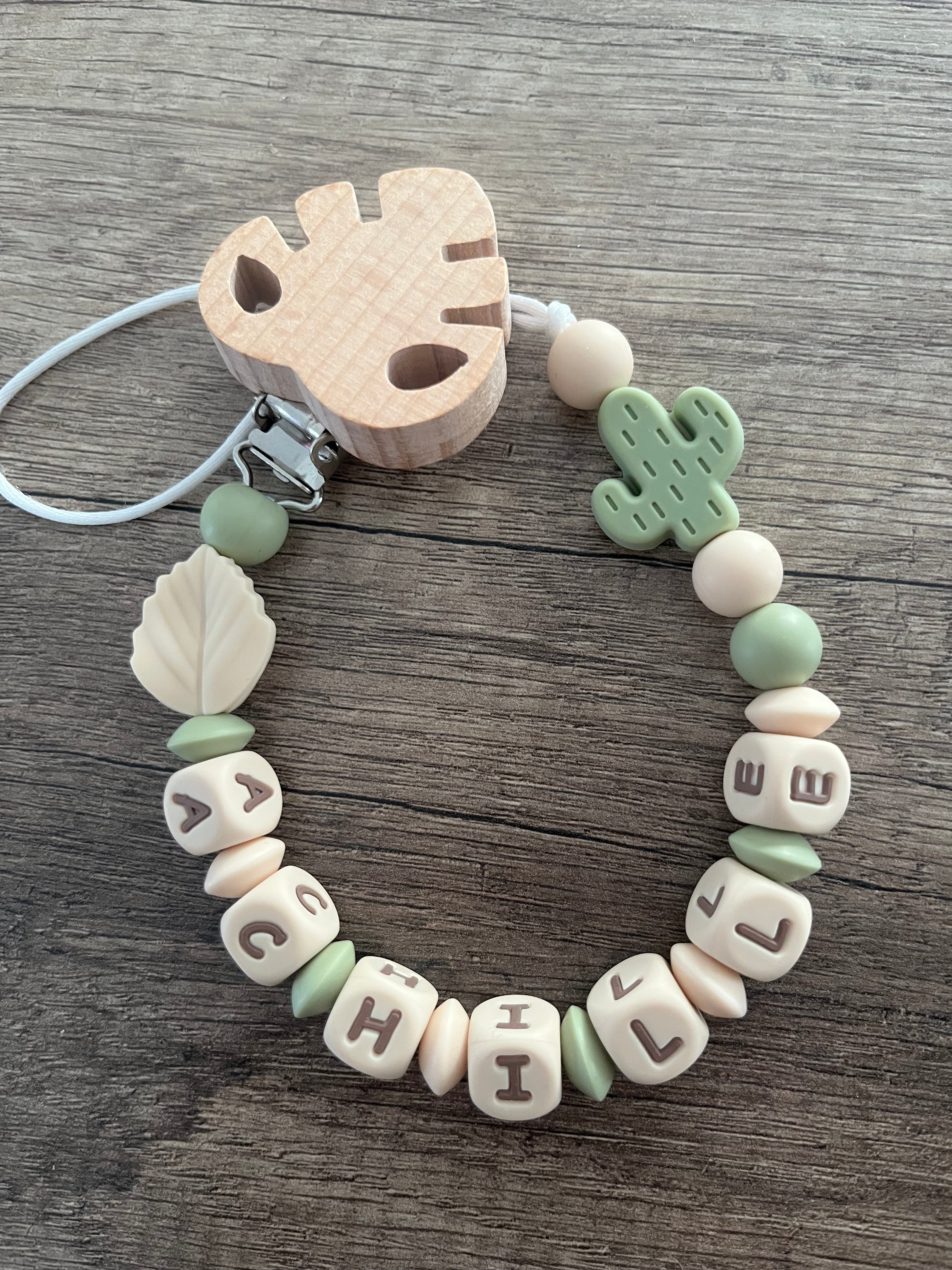 Attache tétine Cactus lettres beige personnalisée