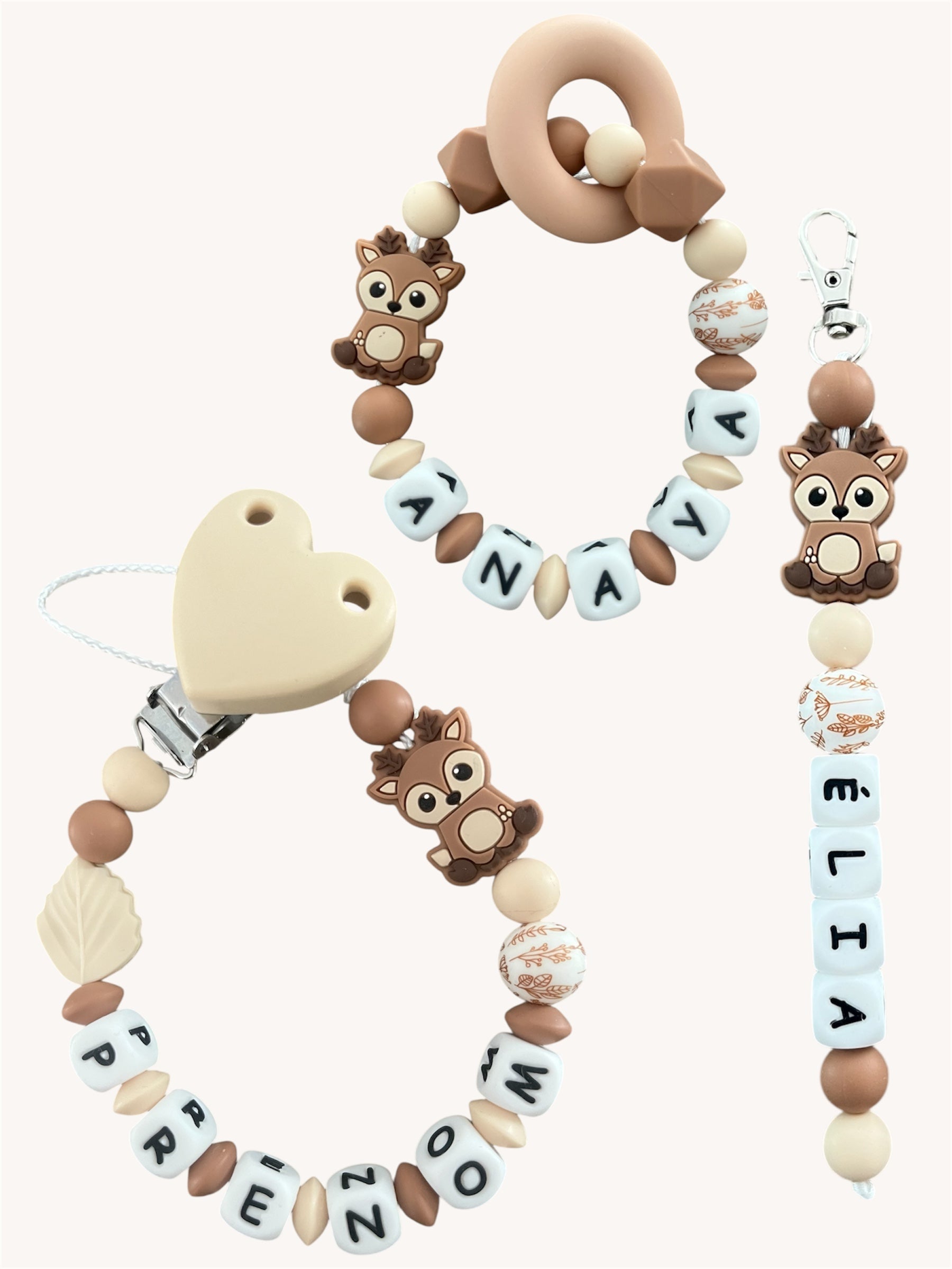 Coffret TRIO cadeaux Biche Cerf- Attache tétine, Porte-clés et anneau de dentition personnalisés KidCreationArtisanat