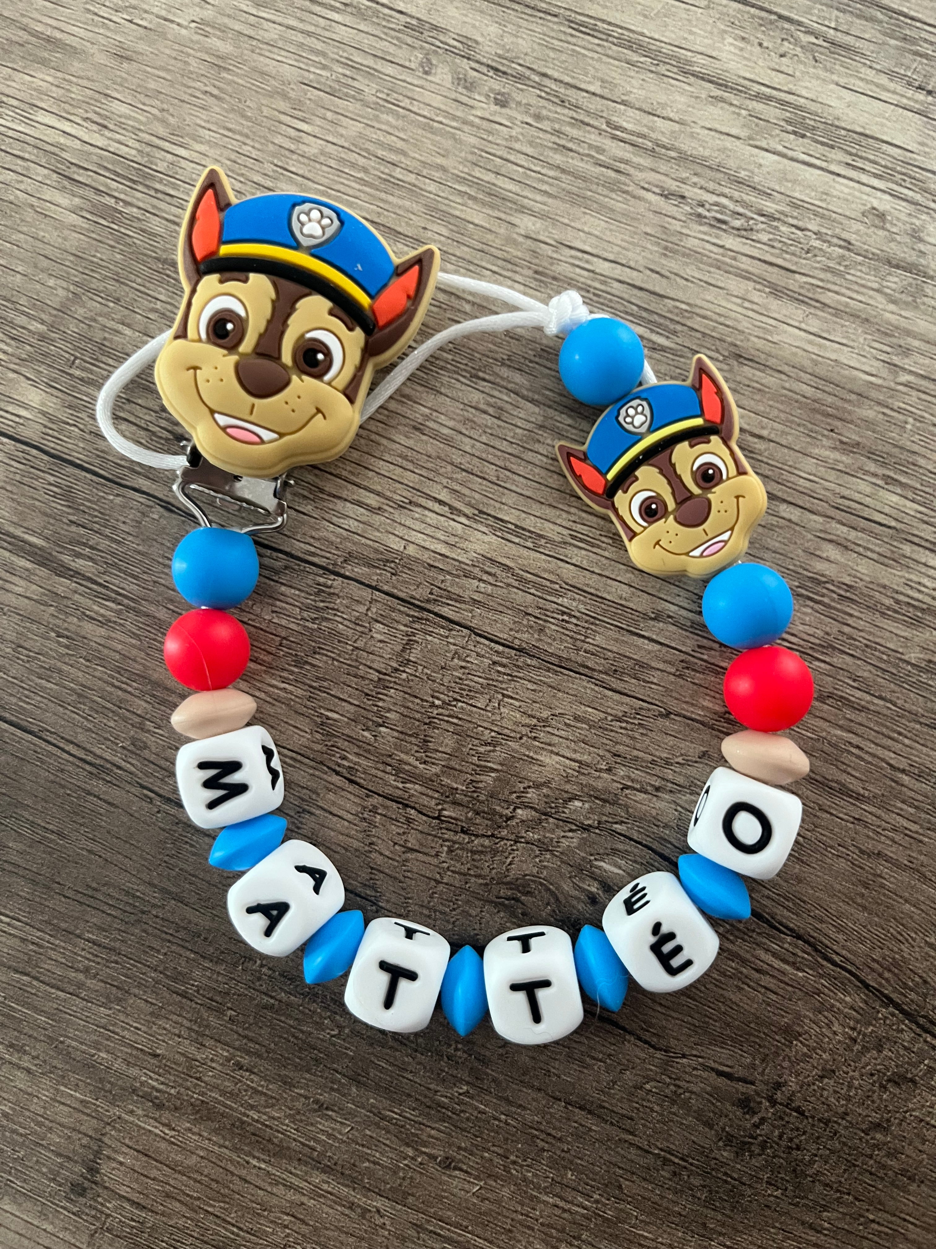 Attache tétine Pat Patrouille Chase personnalisée KidCreationArtisanat