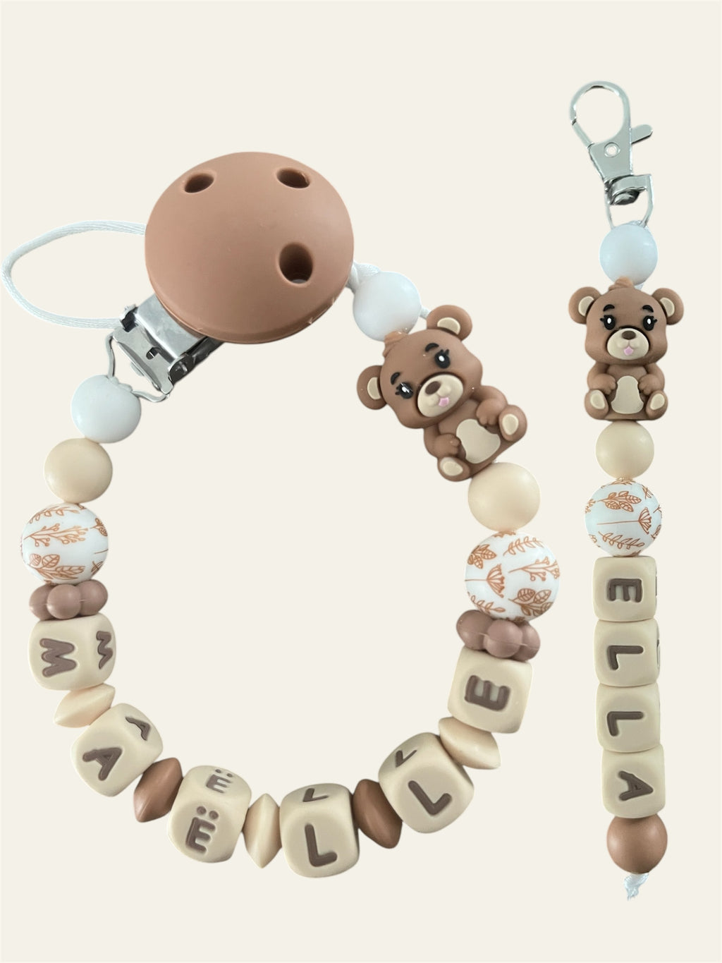 Coffret DUO cadeaux Ourson 3D lettres beige - Attache tétine et Porte-clés personnalisés