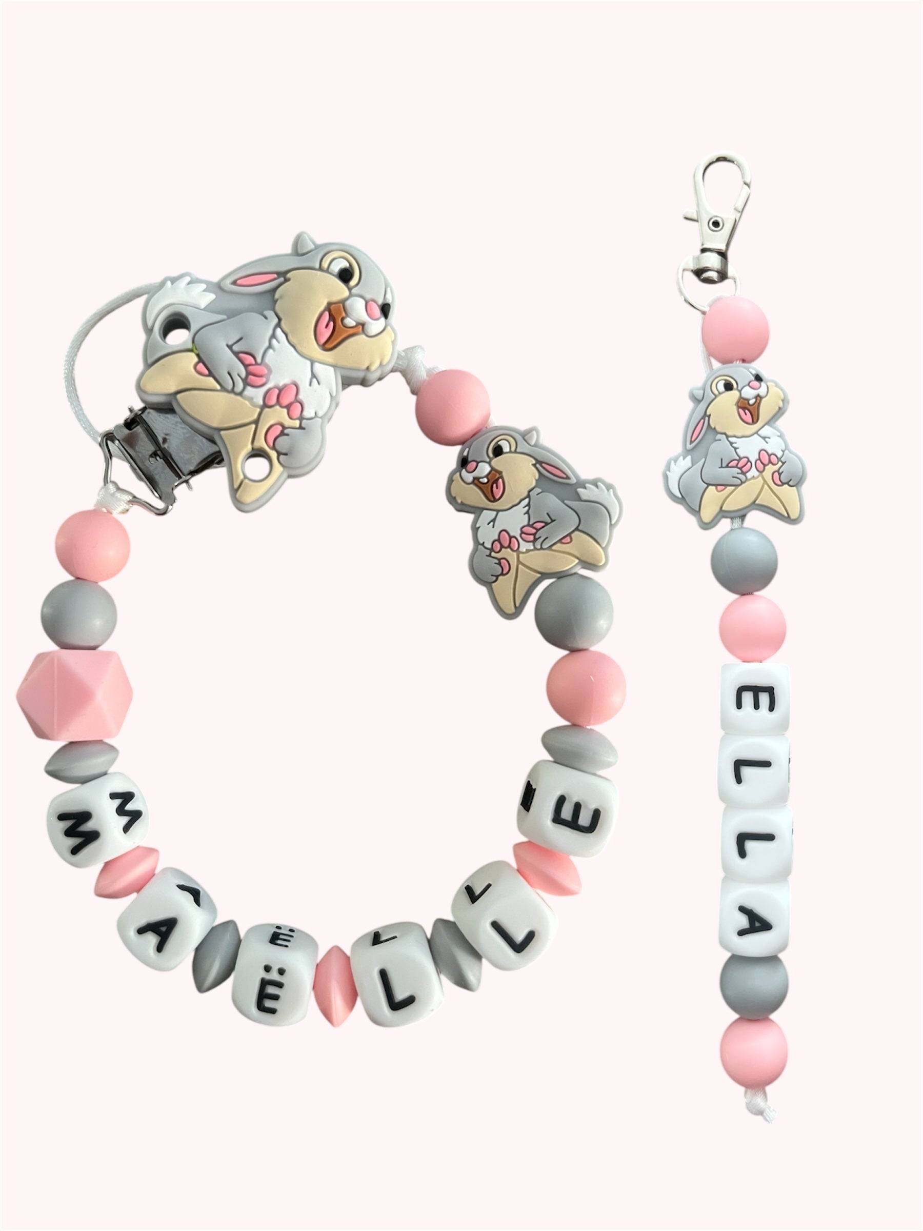 Coffret DUO Lapin Pan Pan Bébé - Attache tétine et Porte-clés personnalisés KidCreationArtisanat