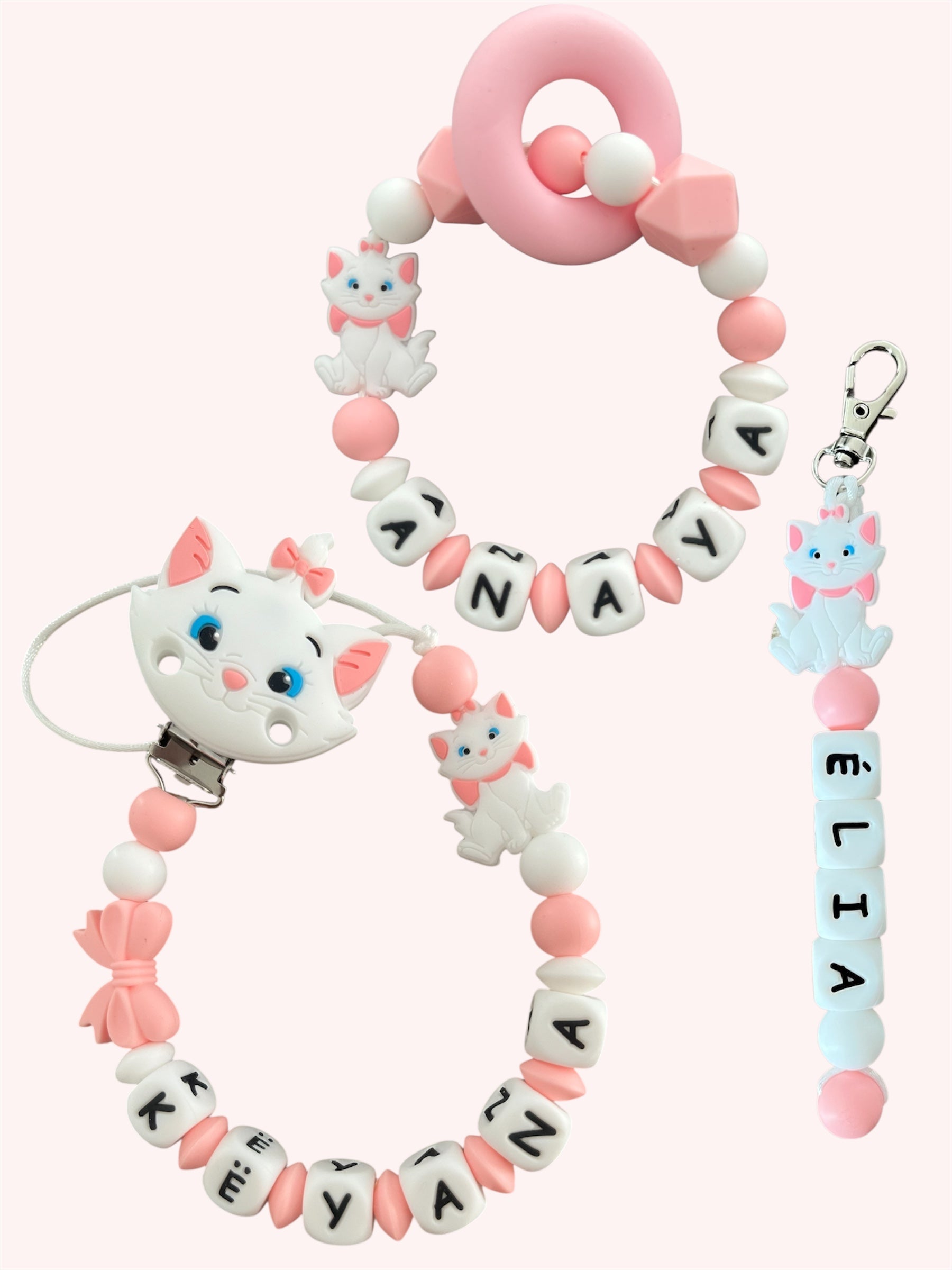 Coffret TRIO Marie des Aristochats Bébé - Attache tétine, Porte-clés et anneau de dentition personnalisés KidCreationArtisanat