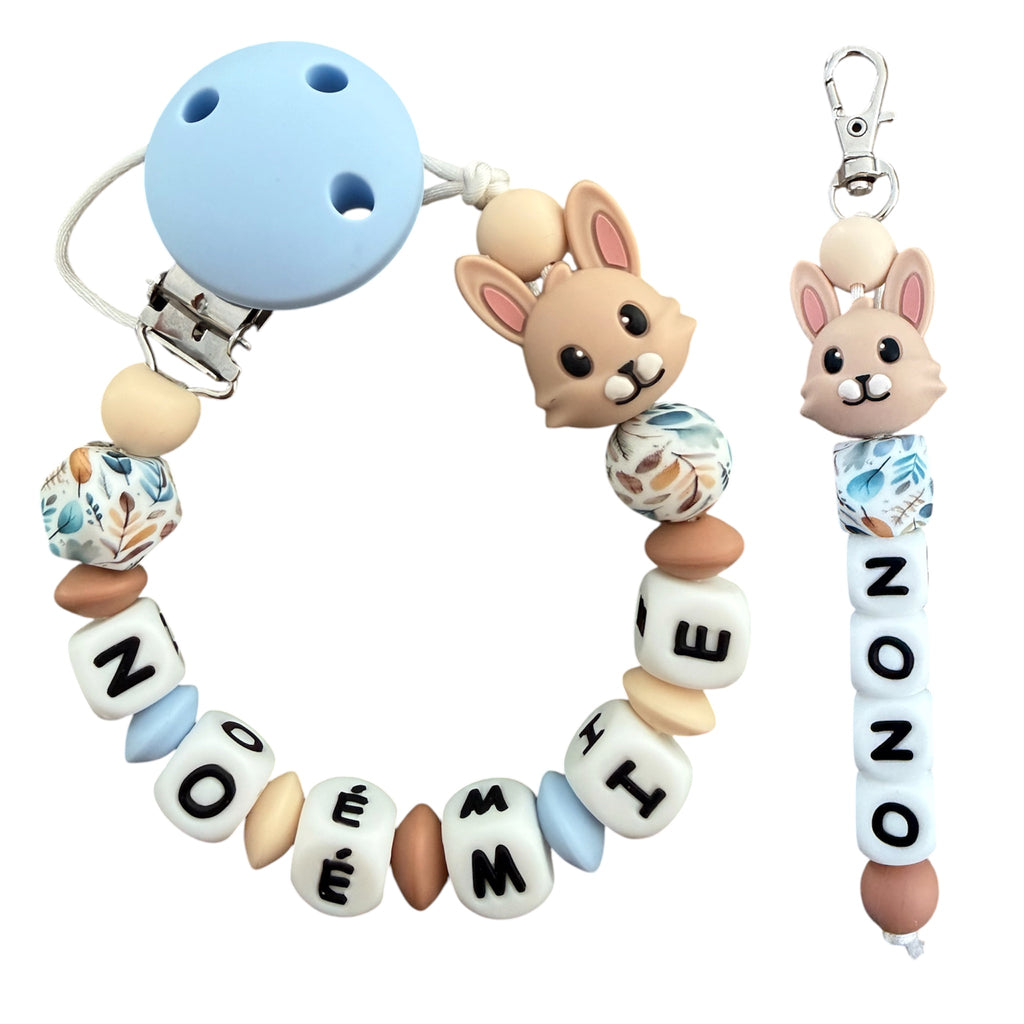 Coffret DUO cadeaux Lapin beige - Attache tétine et Porte-clés