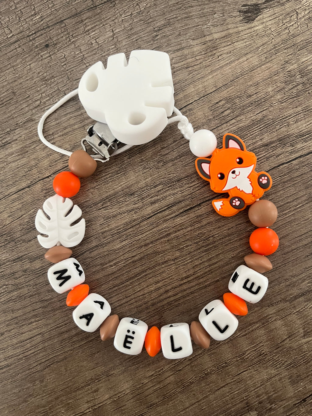Attache tétine Renard orange thème forêt personnalisée