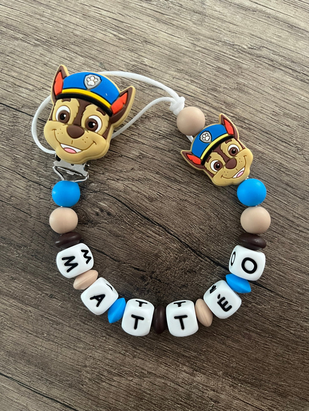 Attache tétine Pat Patrouille Chase personnalisée KidCreationArtisanat