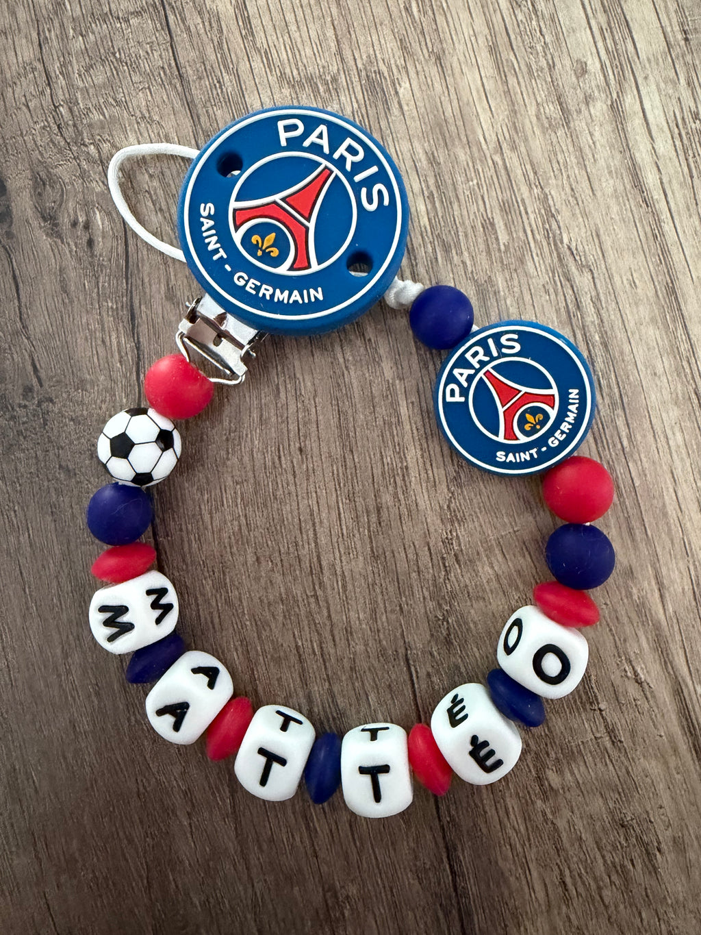 Attache tétine PSG Paris-Saint-Germain personnalisée