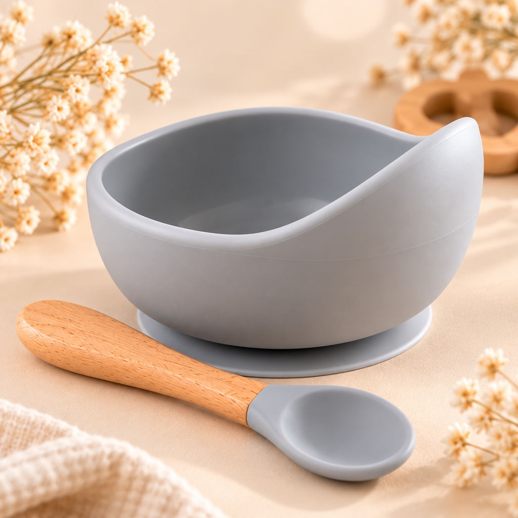 Bol bébé en silicone avec cuillère en bois – Gris