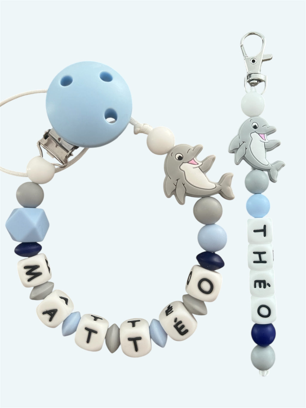 Coffret DUO cadeaux Dauphin - Attache tétine et Porte-clés à personnaliser