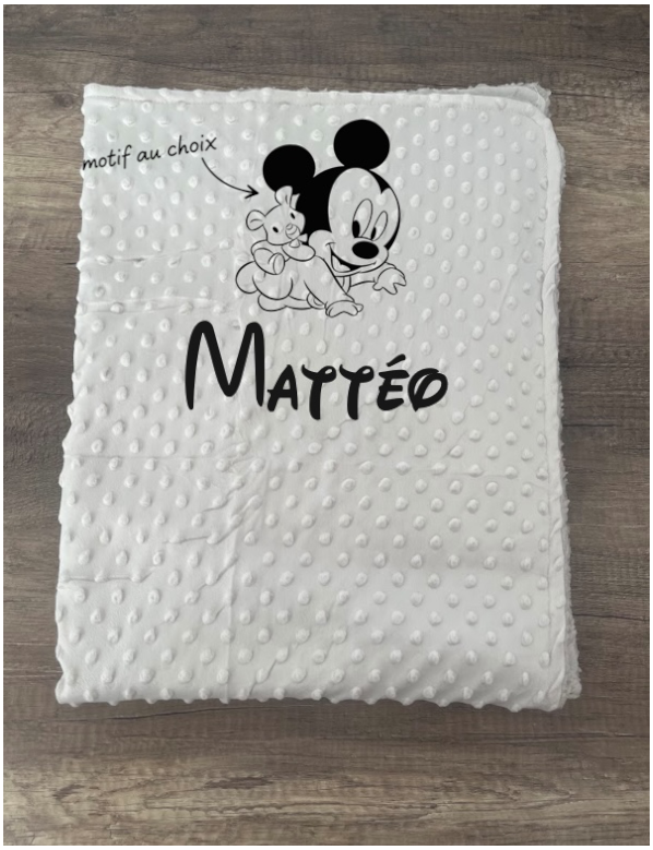 Couverture naissance minky bébé gris personnalisée avec logo