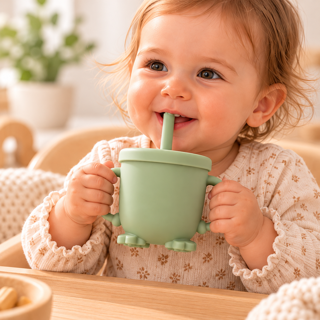 Tasse d'apprentissage bébé à paille anti-fuite en silicone – Vert sauge