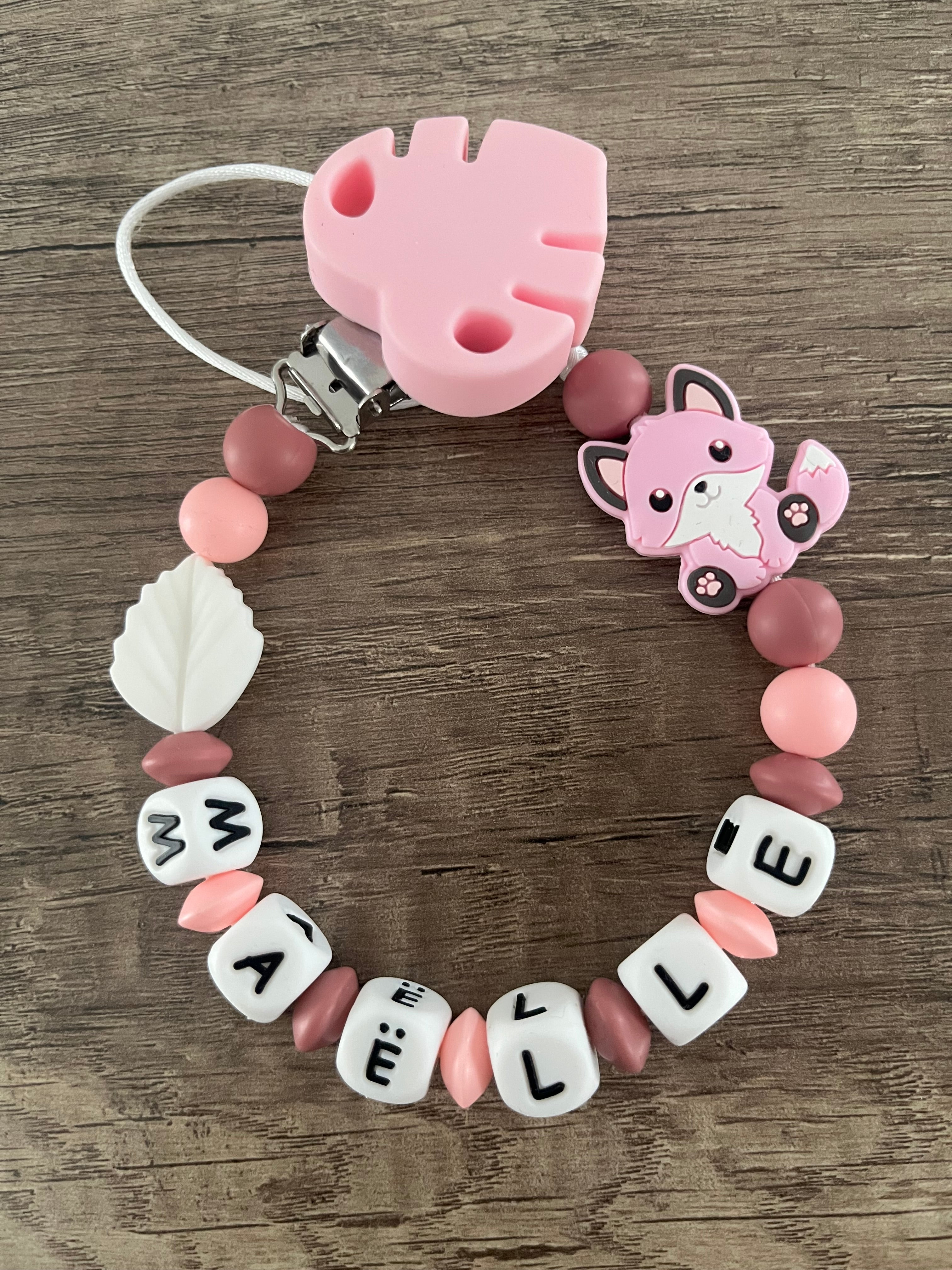 Attache tétine Renard rose thème forêt personnalisée