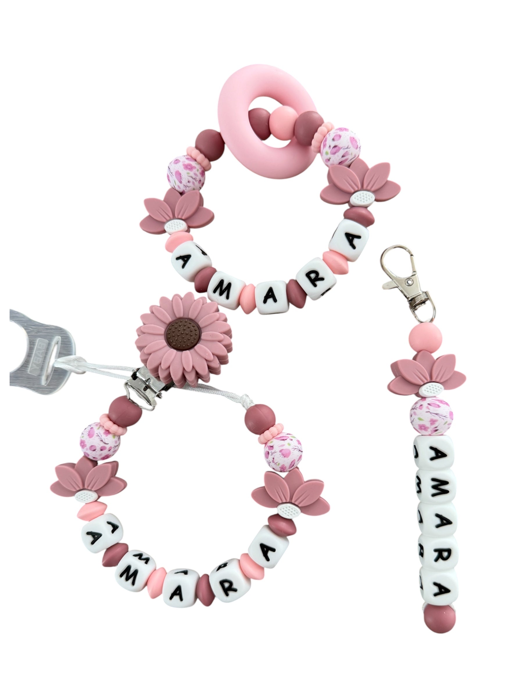 Coffret TRIO cadeaux Florale - Attache tétine, Porte-clés et anneau de dentition personnalisés