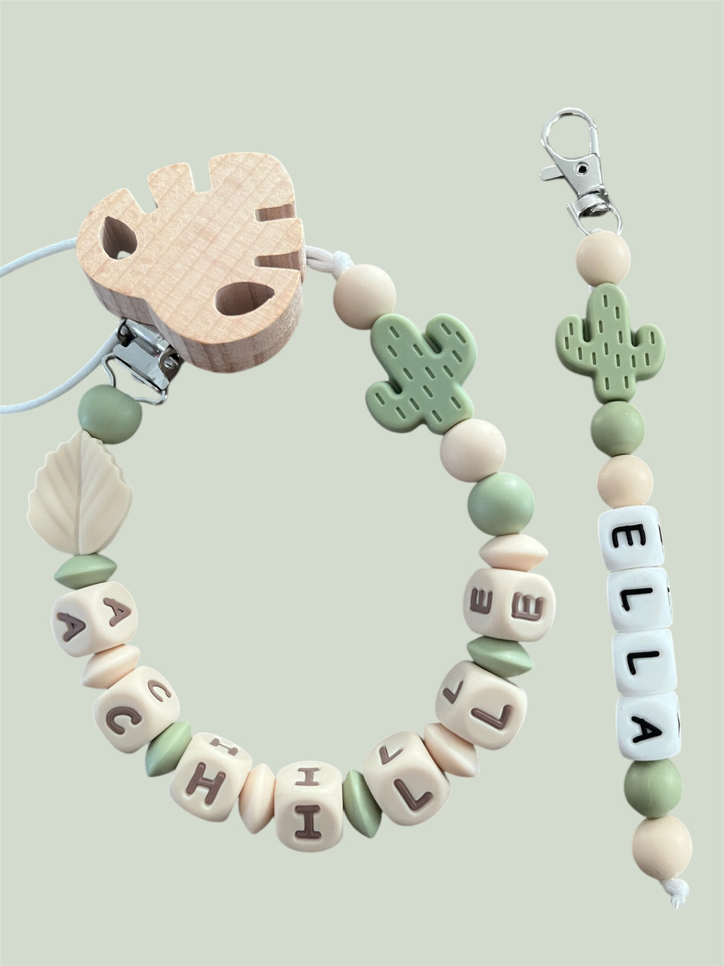 Coffret DUO cadeaux Cactus - Attache tétine et Porte-clés ou Anneau de dentition personnalisés