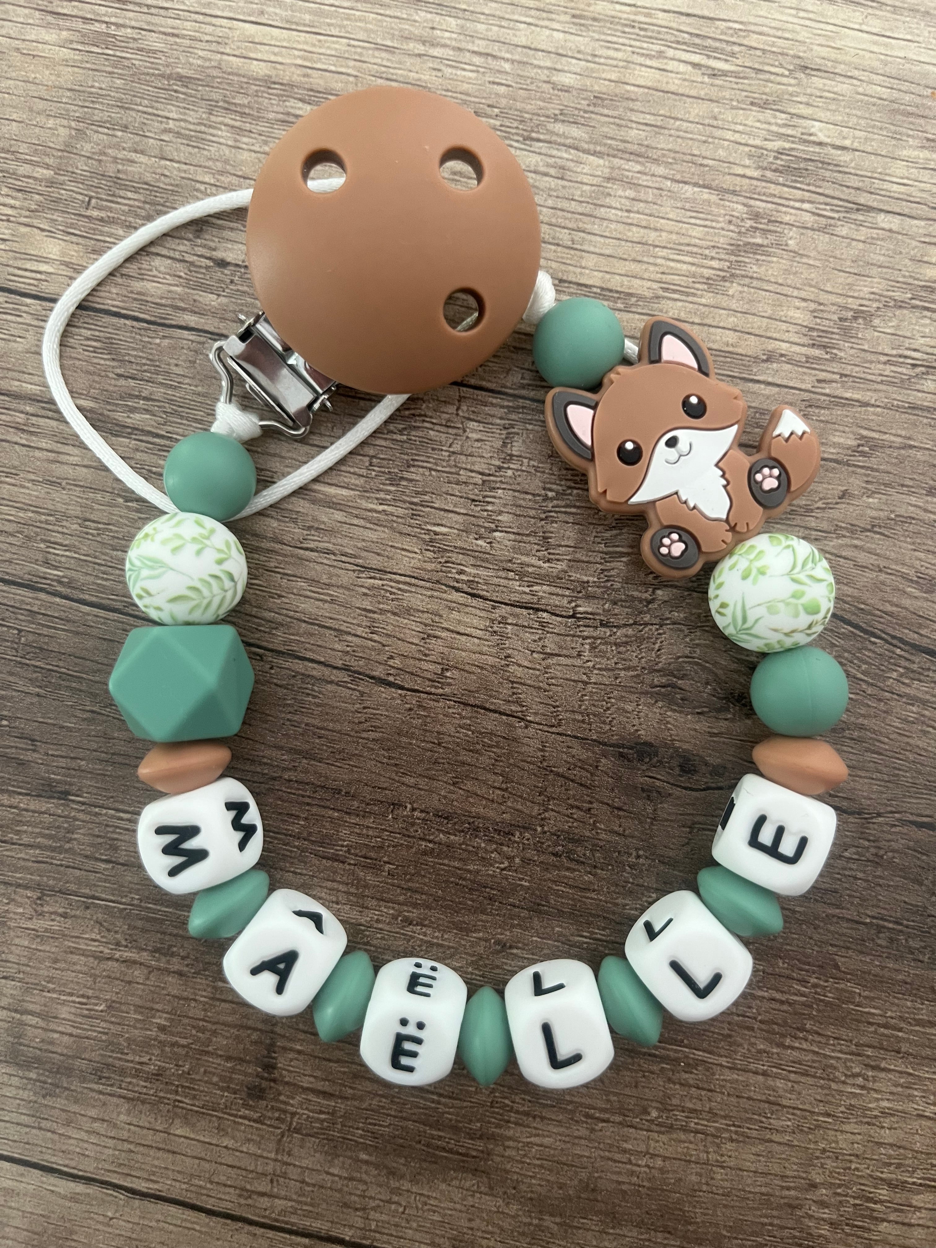 Attache tétine Renard thème forêt personnalisée KidCreationArtisanat