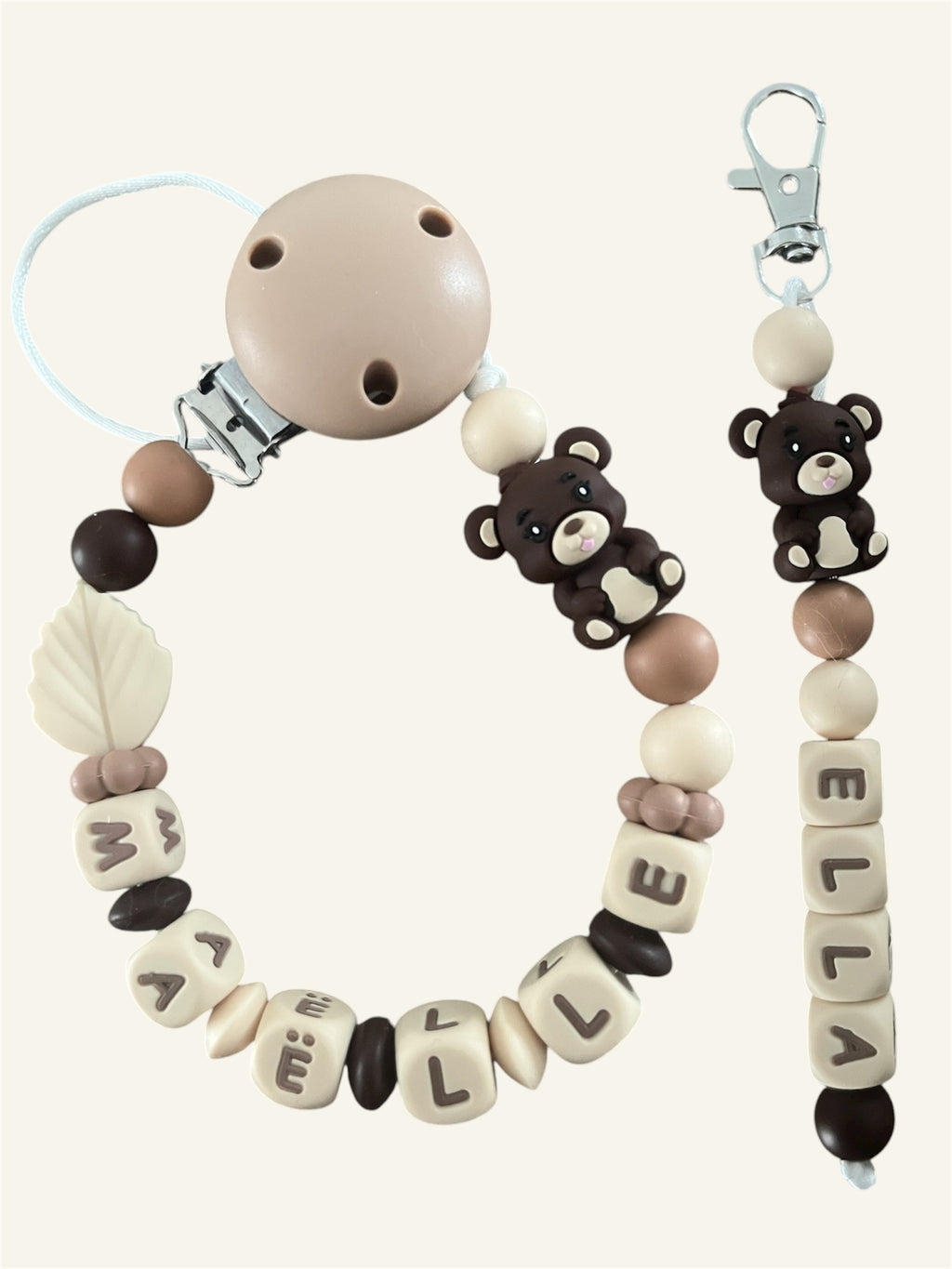Coffret DUO cadeaux Ourson 3D lettres beige - Attache tétine et Porte-clés personnalisés