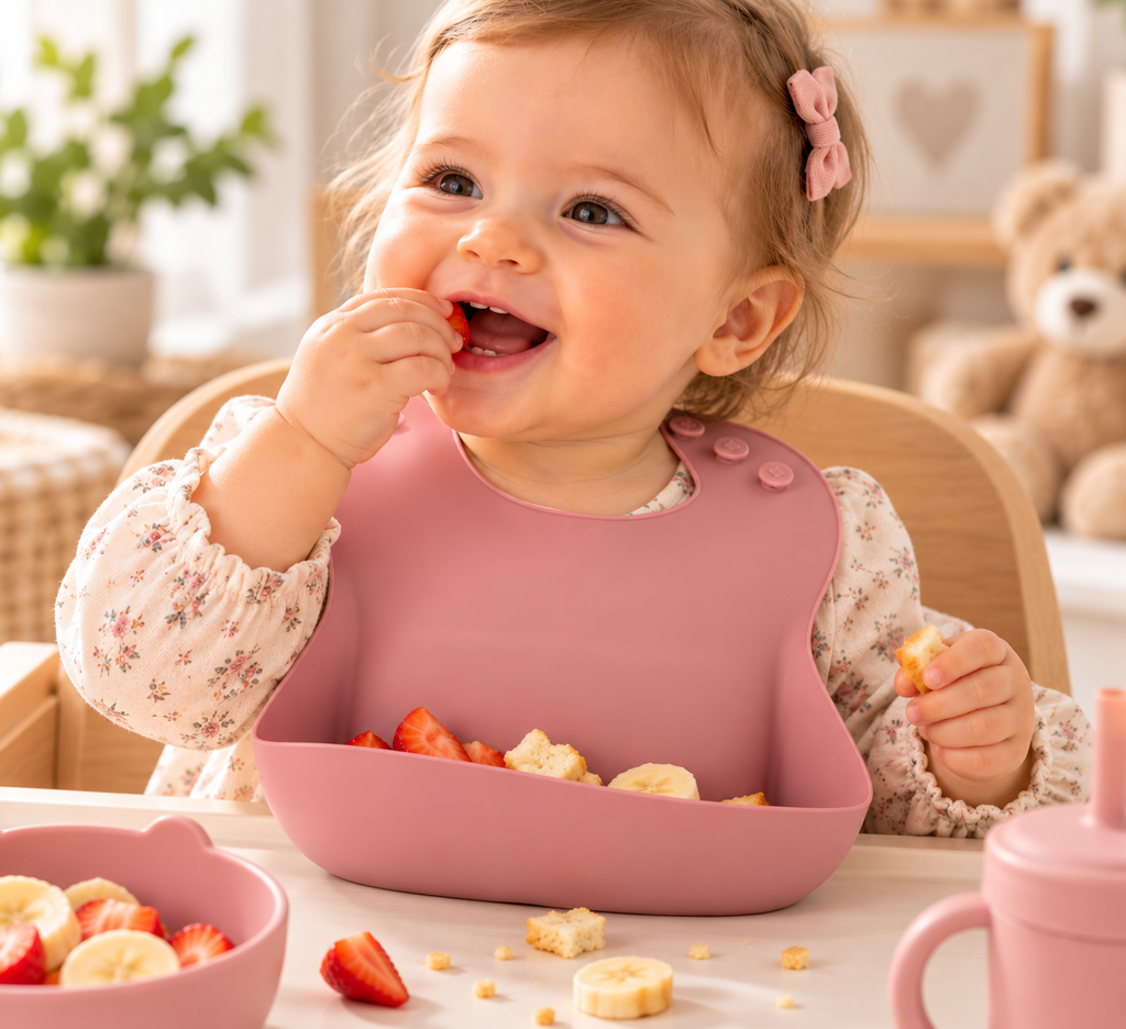 Bavoir bébé en silicone avec poche récupératrice – Rose poudré