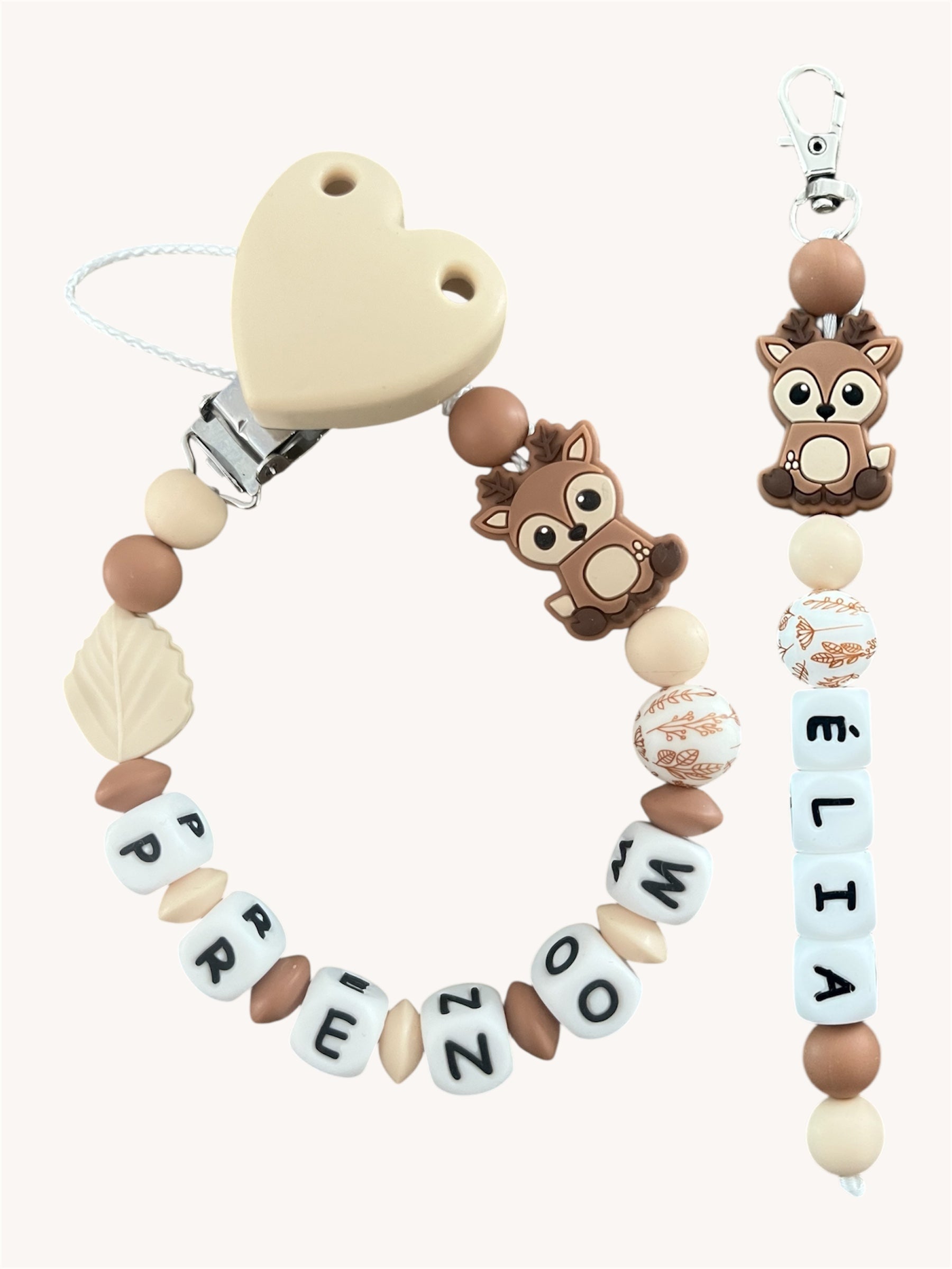 Coffret DUO cadeaux Biche Cerf- Attache tétine et Porte-clés personnalisés KidCreationArtisanat