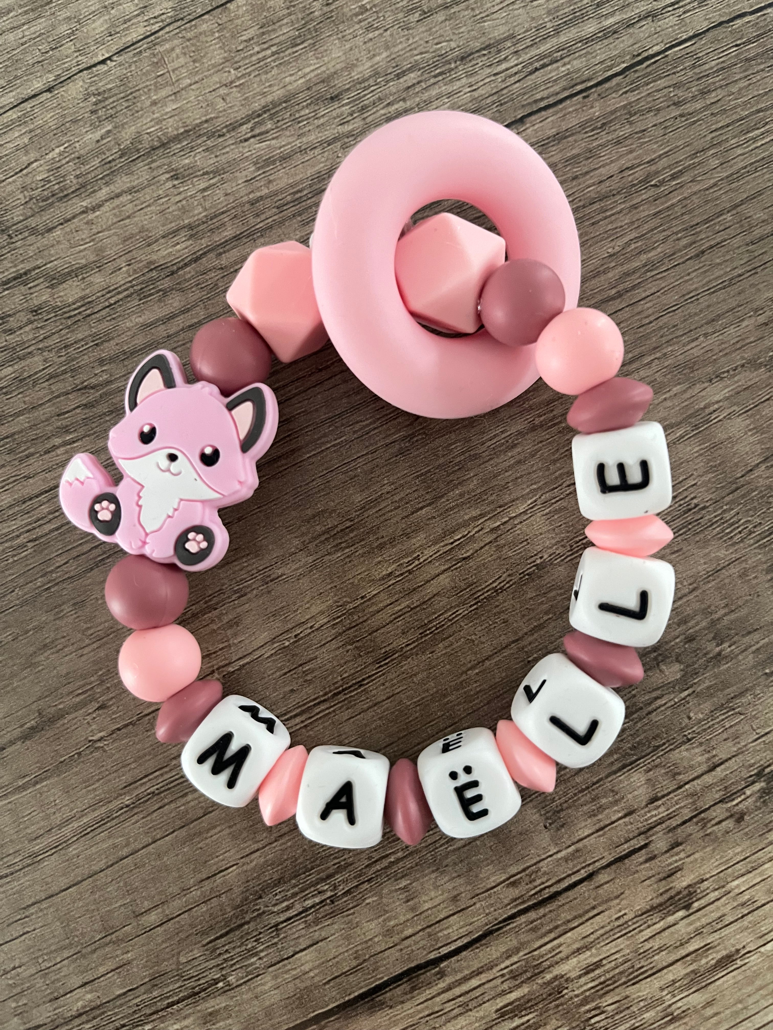 Anneau de dentition - Hochet personnalisé Renard rose