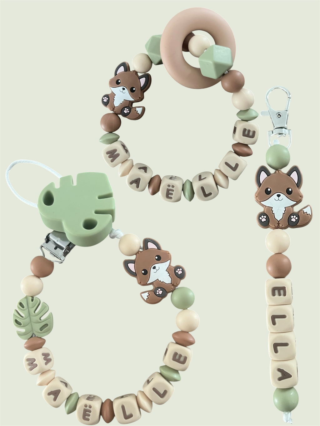 Coffret TRIO cadeaux Renard perles beige - Attache tétine, Porte-clés et Anneau de dentition personnalisés