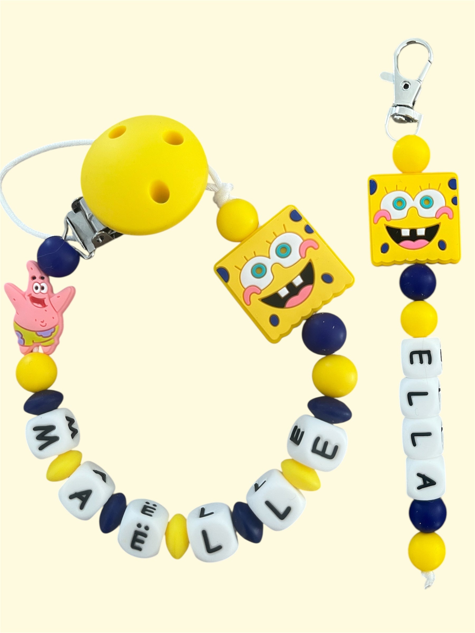 Coffret DUO cadeaux Bob L’éponge - Attache tétine et Porte-clés personnalisés