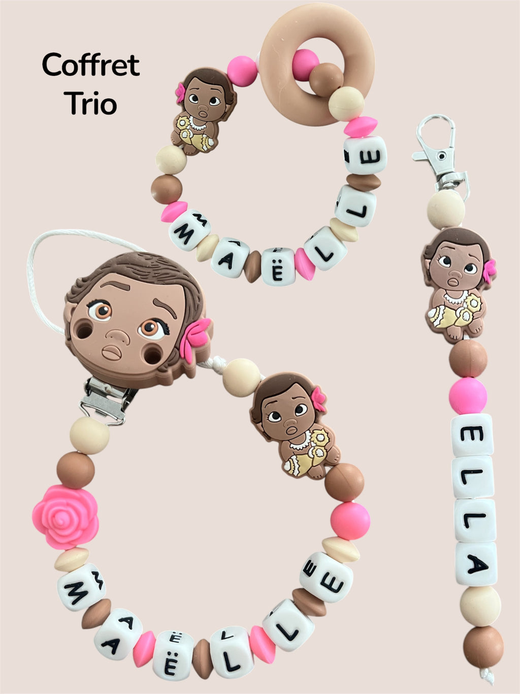 Coffret TRIO cadeaux Vaiana - Attache tétine, Porte-clés et anneau de dentition personnalisés