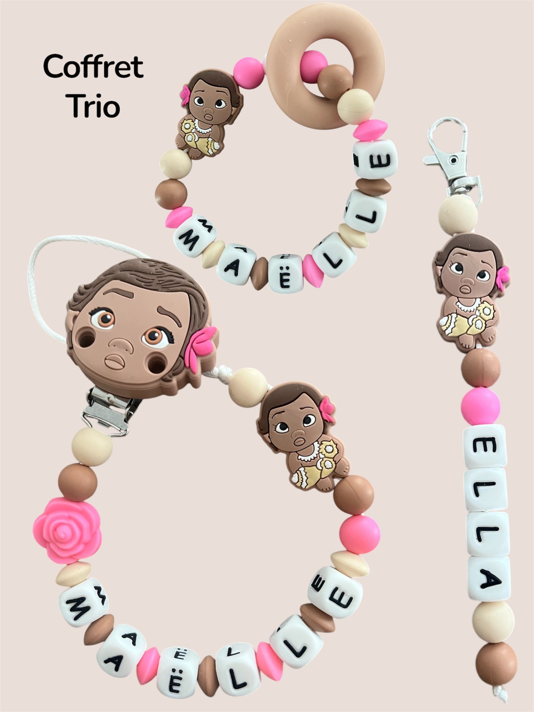 Coffret TRIO cadeaux Vaiana - Attache tétine, Porte-clés et anneau de dentition personnalisés