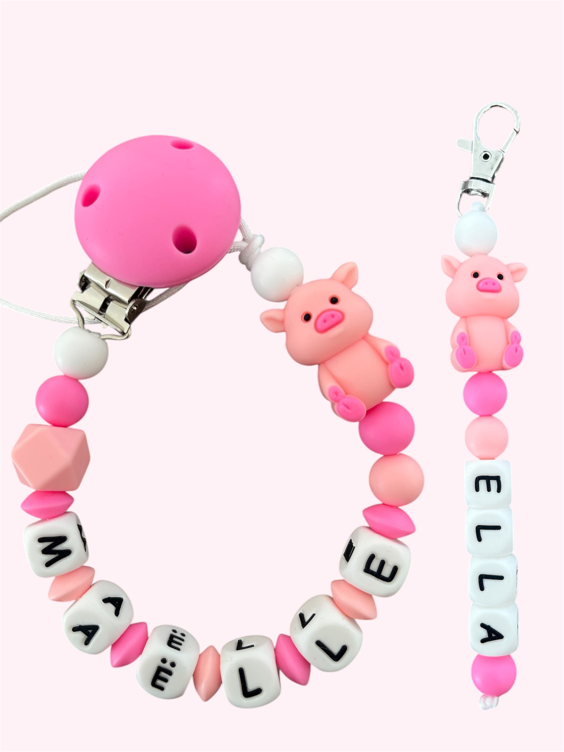Coffret DUO cadeaux Cochon - Attache tétine et Porte-clés personnalisés