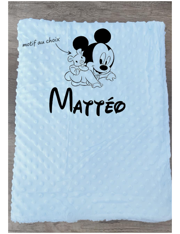Couverture naissance minky bébé bleu personnalisée avec logo