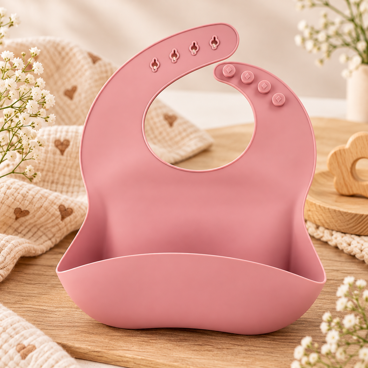 Bavoir bébé en silicone avec poche récupératrice – Rose poudré