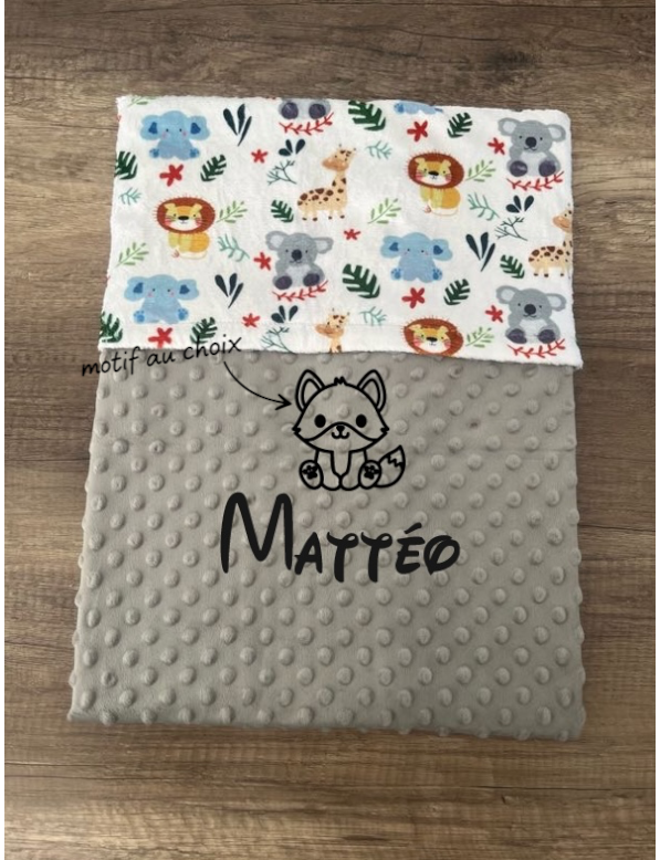 Couverture naissance minky bébé Animaux jungle personnalisée avec motif