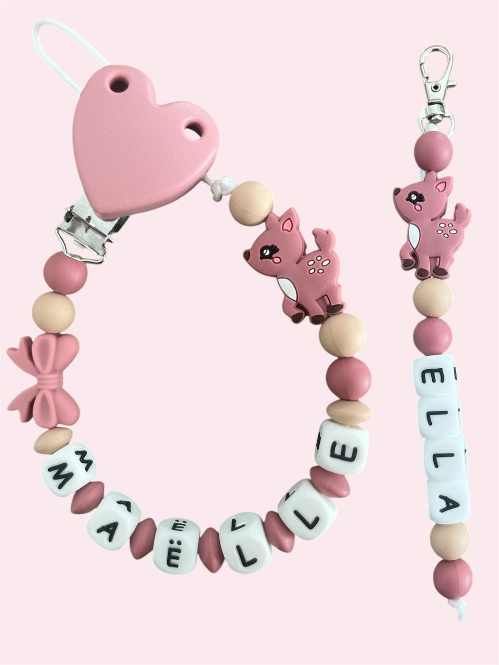 Coffret DUO cadeaux Biche rose - Attache tétine et Porte-clés à personnaliser KidCreationArtisanat
