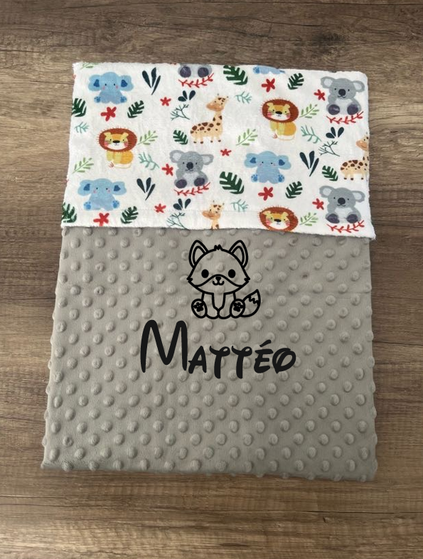 Couverture naissance minky bébé Animaux jungle personnalisée avec logo