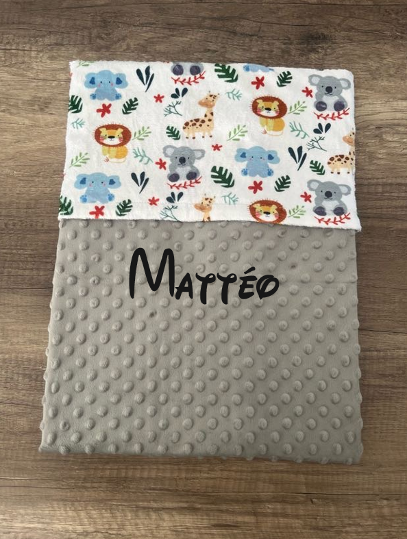Couverture naissance minky bébé Animaux jungle personnalisée