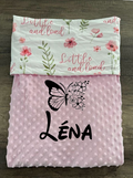 Couverture naissance minky bébé rose à fleurs personnalisée avec motif