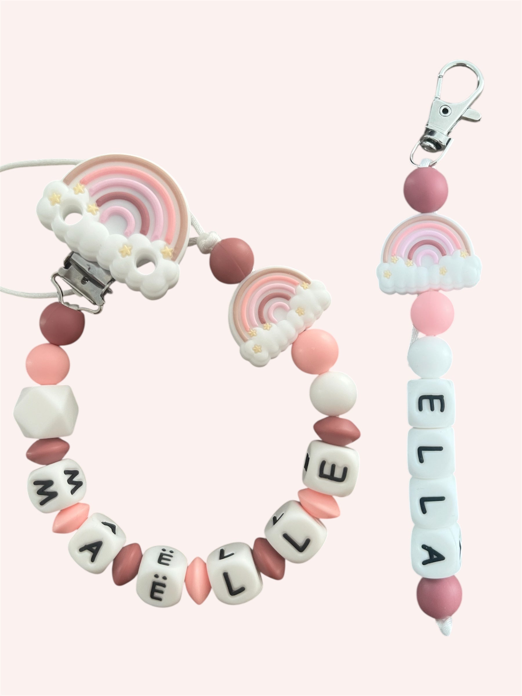 Coffret DUO cadeaux Arc en Ciel - Attache tétine et Porte-clés à personnaliser