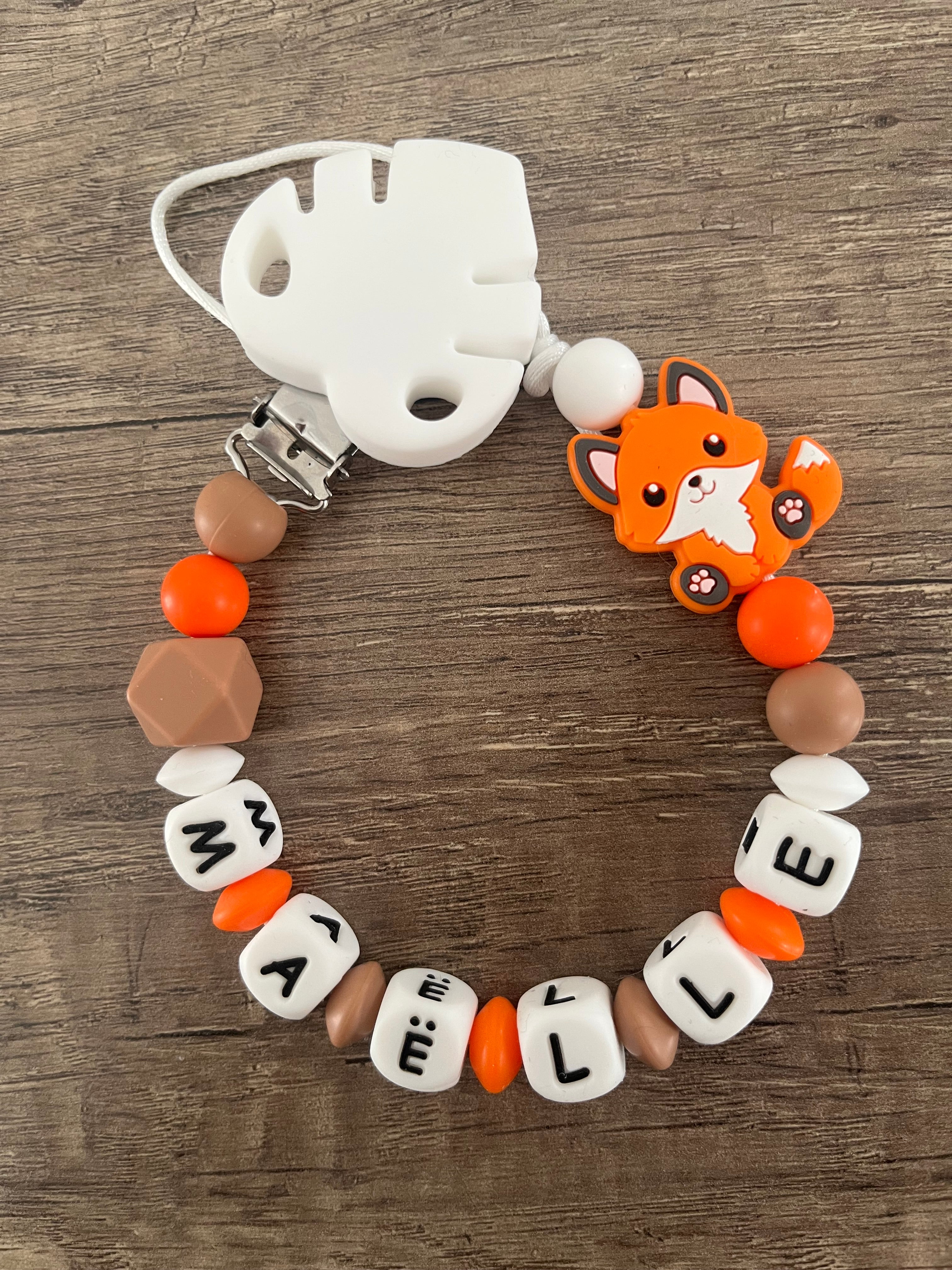 Attache tétine Renard orange thème forêt personnalisée