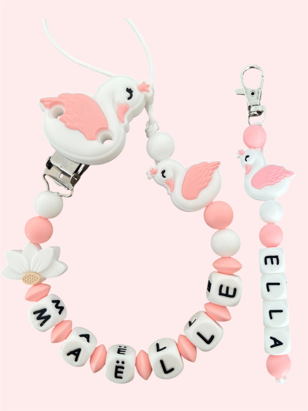 Coffret DUO cadeaux Cygne - Attache tétine et Porte-clés personnalisés