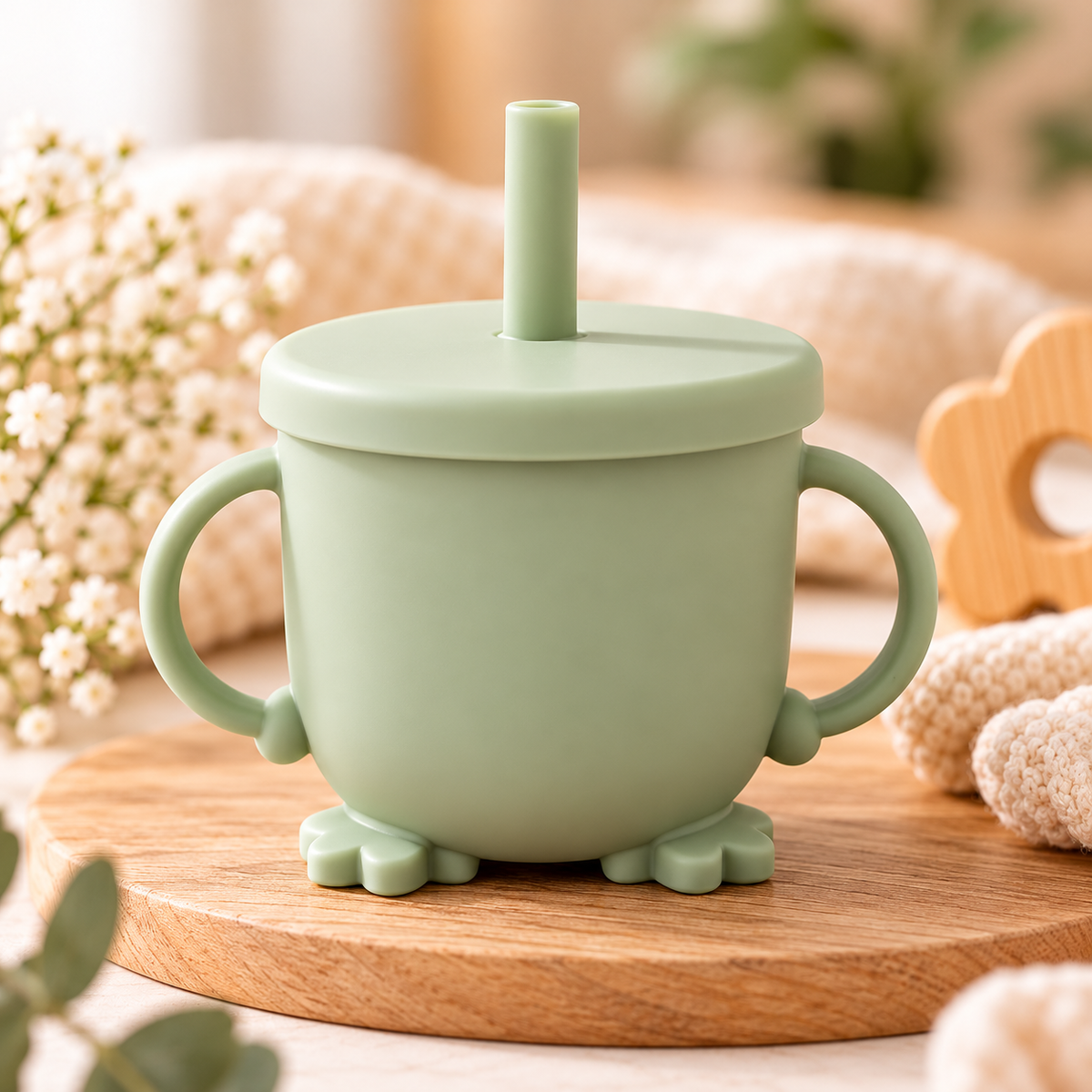 Tasse d'apprentissage bébé à paille anti-fuite en silicone – Vert sauge