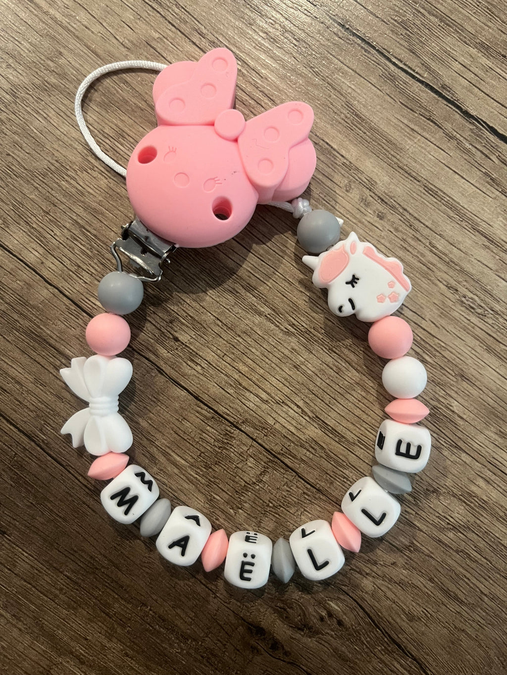 Attache tétine Licorne rose personnalisée KidCreationArtisanat