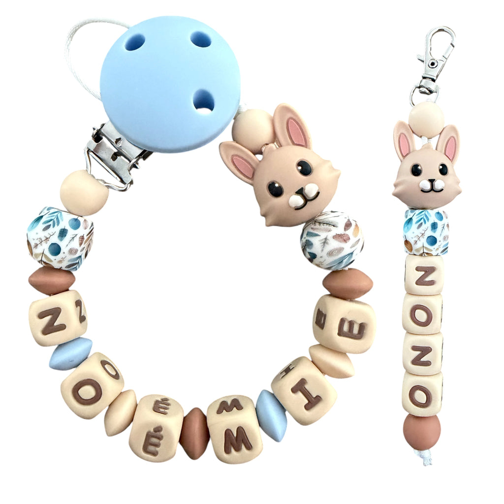 Coffret DUO cadeaux Lapin - Attache tétine et Porte-clés