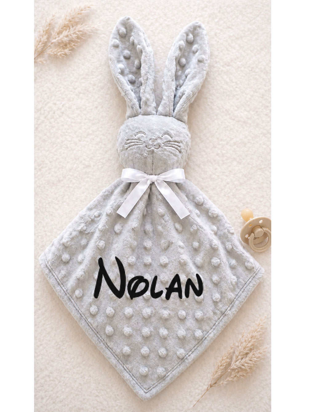 Doudou Lapin Gris minky coton personnalisé